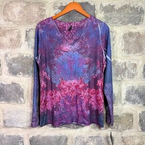 Massini Womens XL Purple Magenta Mandala Rhinestone V-Neck Long Sleeve Top NWT